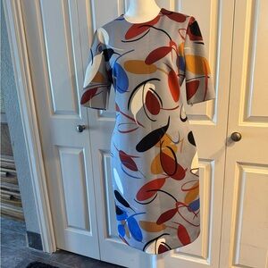 Anne Klein Gray Midi Scuba Sheath Dress with Multicolor Abstract Print